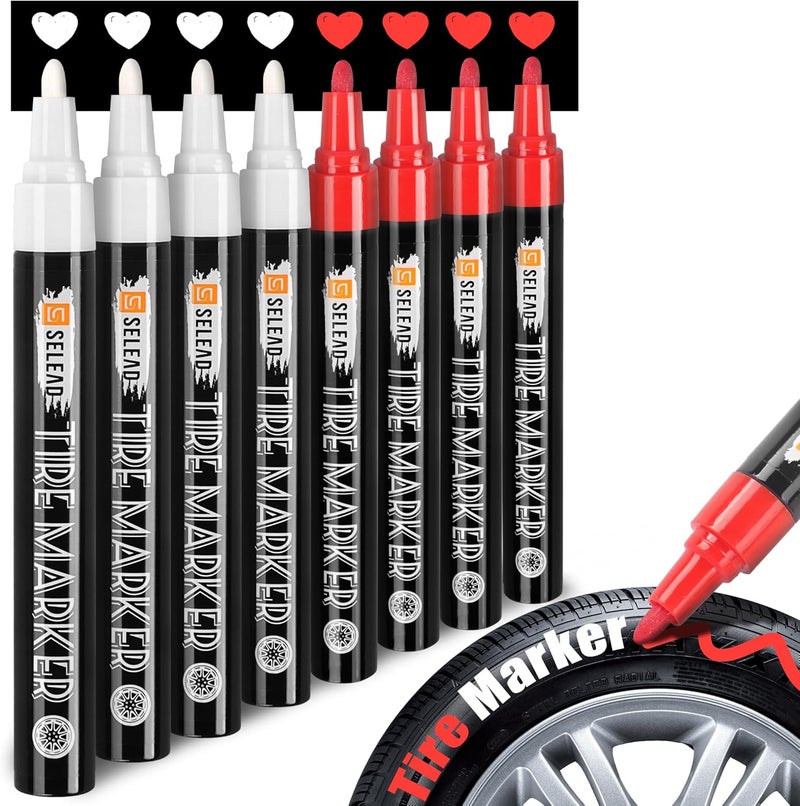 SELEAD Tire Marker White Red - 8 Pack Paint Pens for Car Tires Lettering, Premium Professional Oil Based Ink, Waterproof Quick Drying Non-Fading Permanent Markers - Image 1